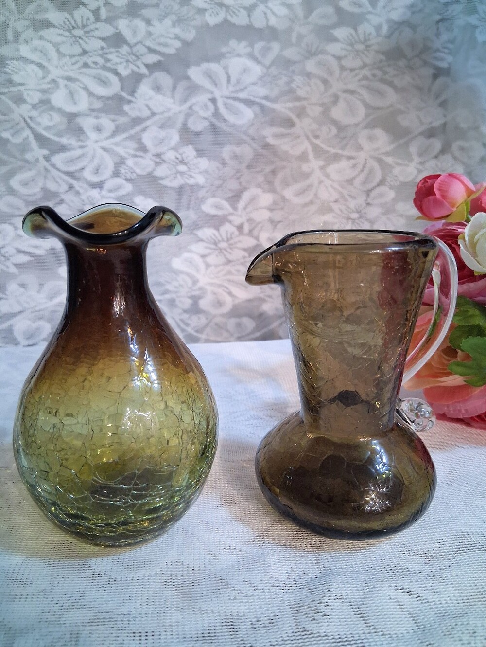Vintage Root Beer Crackle Glass Pitcher and Vase MCM Mid-century Modern Art